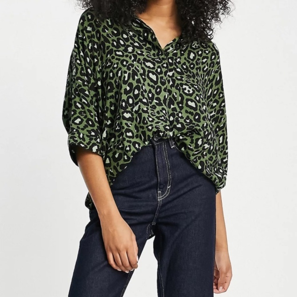 ASOS DESIGN | Oversized Long Sleeve Shirt In Green Leopard Print Size 4